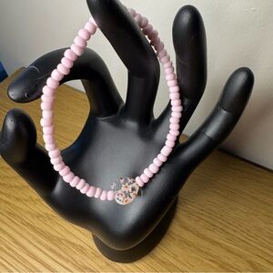 Glass Beaded Elastic Bracelet Pink Heart Shape Medallion
